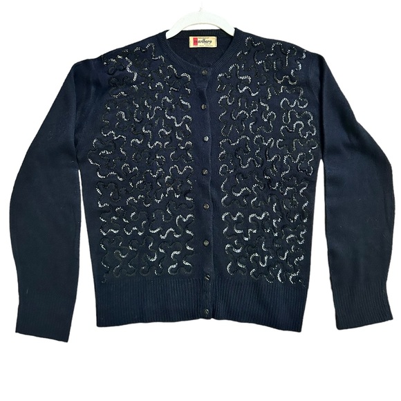 Vintage Sweaters - Vintage 1960’s Marlboro Mills Black Sequin Button Front Cardigan Sweater Medium